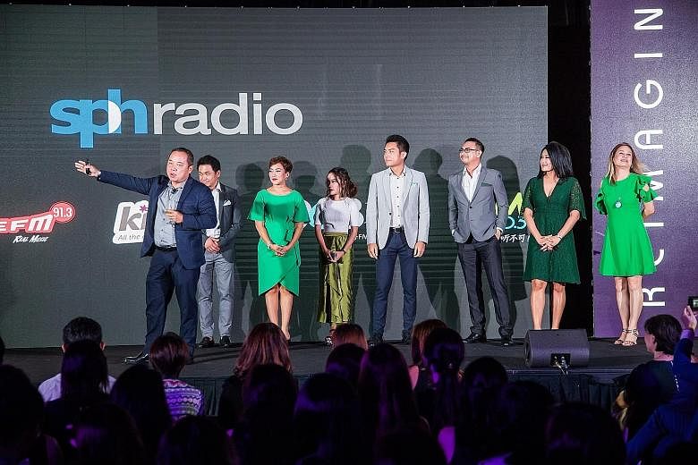 (From left) SPH Radio general manager Sim Hong Huat with DJs Desmond Wong and Claressa Monteiro, morning show producers Nadirah Zaidi and Ryan Huang, DJs Elliott Danker and Yasmin Jonkers, and Money FM 89.3's assistant programme director Loretta Lope