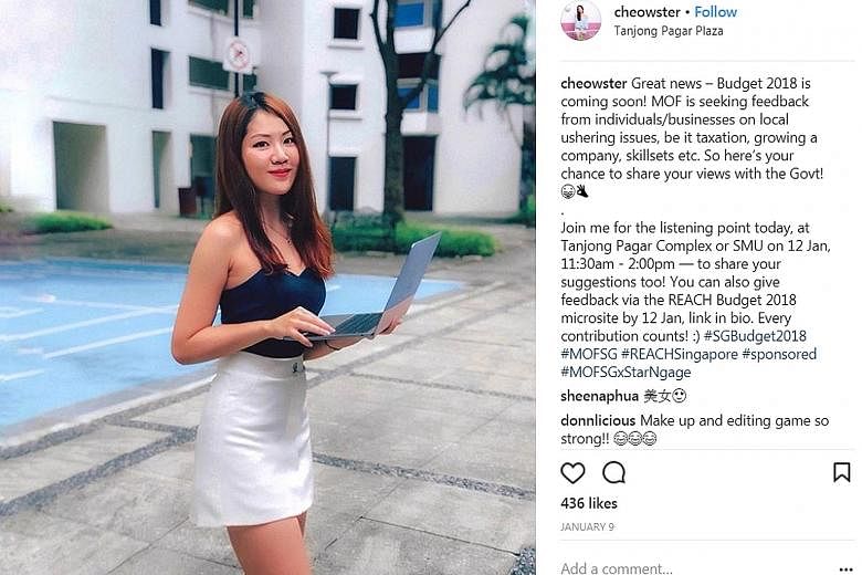 Screenshots of posts on Budget 2018 by influencers (from top) Shanel Lim, Royce Lee and Chelsea Teng on their Instagram pages. The Ministry of Finance said the Instagram campaign is part of its overall public communications for Budget 2018, adding th
