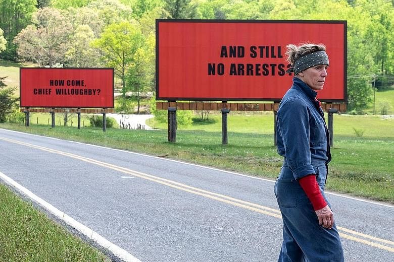 Frances McDormand is nominated for Best Lead Actress for her role in Three Billboards Outside Ebbing, Missouri.