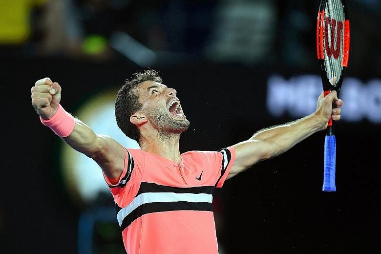 Grigor Dimitrov of Bulgaria is ecstatic after winning his fourth-round match against Australian Nick Kyrgios.