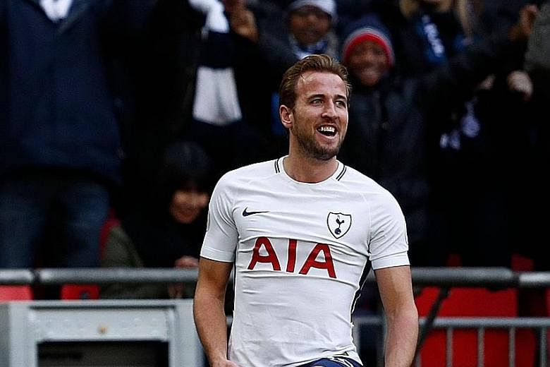 Tottenham striker Harry Kane celebrating his opener against Southampton at Wembley last month. Champions League title-holders Real Madrid want to revamp their front line with Kane in mind after a poor season thus far for their current first-choice at