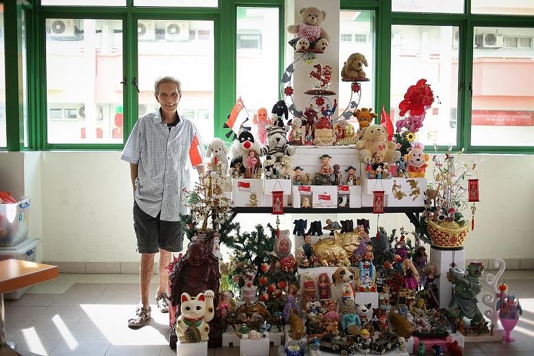 Long-time Yishun resident Or Beng Kooi, 77, is happy to be able to start the year on a good note with his new toy tower, which is on display at Chong Pang CC until March 3. Mr Or has toned down his trademark cheeky style to suit a wider audience.