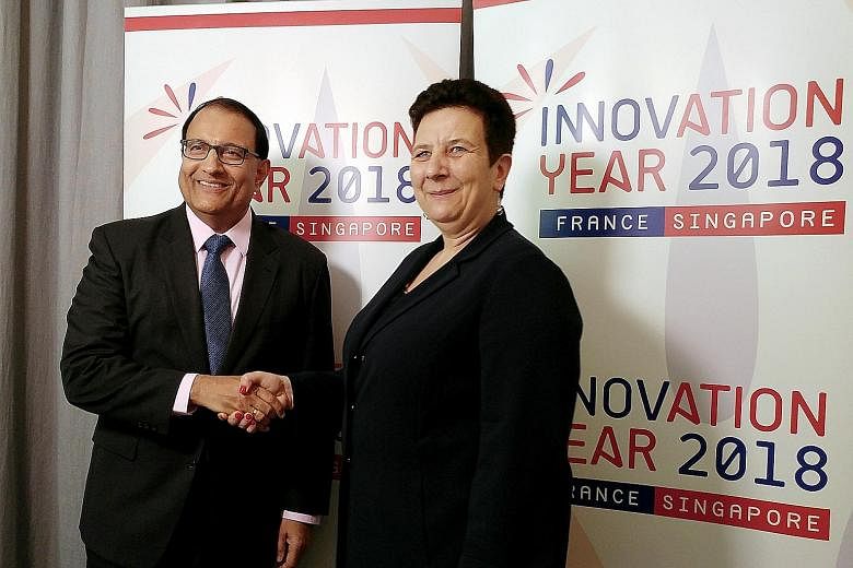 Singapore Minister for Trade and Industry S. Iswaran with French Minister for Higher Education, Research and Innovation Frederique Vidal.