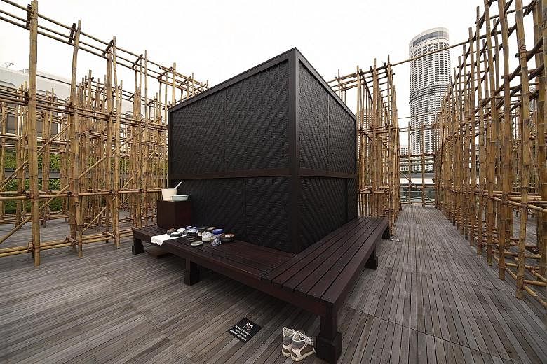 Thai artist Rirkrit Tiravanija designed untitled 2018 (the infinite dimensions of smallness), a small, air-conditioned bamboo tearoom set in a bamboo maze at National Gallery Singapore.