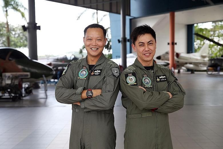 Captain Benjamin Lim (left) and former major Mark Lim at the air force museum in Paya Lebar last week. They were called to intercept an aircraft with possibly hostile intentions during a 2008 mission.