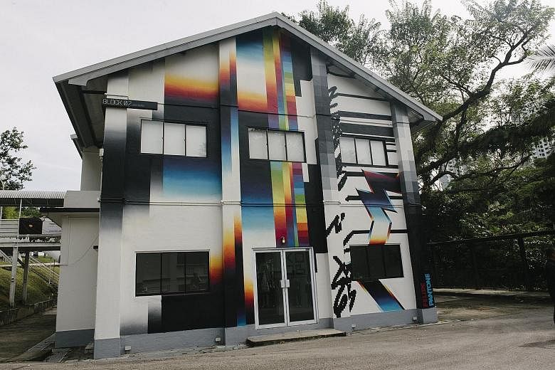 Indonesian artist Lugas Syllabus' sculpture Catch Yourself If You Can (above) and Argentinian-Spanish artist Felipe Pantone's Chromodynamica For Singapore on a building (below). Nenas Estate, designed by fashion collective Mash-Up, will host performa