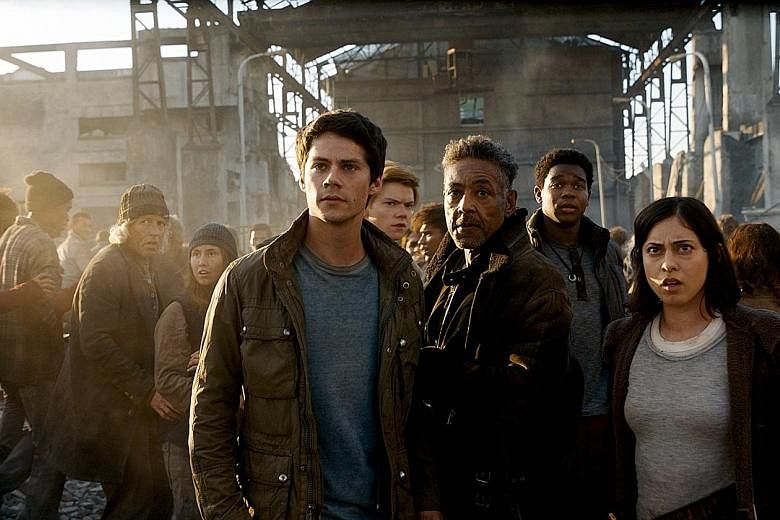 (From far left) Dylan O'Brien, Giancarlo Esposito and Rosa Salazar star in Maze Runner: The Death Cure.