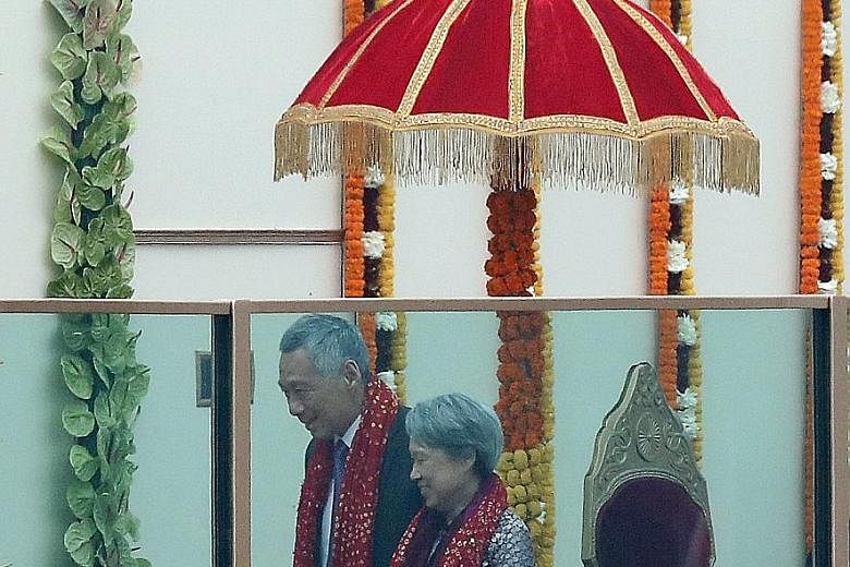 Prime Minister Lee Hsien Loong and Mrs Lee arriving for the Republic Day celebration yesterday. Mr Lee and the other nine Asean leaders were the chief guests at the parade, an honour reserved for countries that India is keen to cultivate and consider