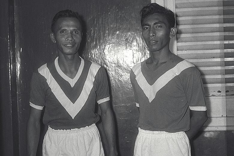 Above: A young Majid Ariff lining up for the Singapore team in the Malaya Cup in the 1960s. Left: Majid was known for grooming players, including Fandi Ahmad. He continued to coach until his late 70s.