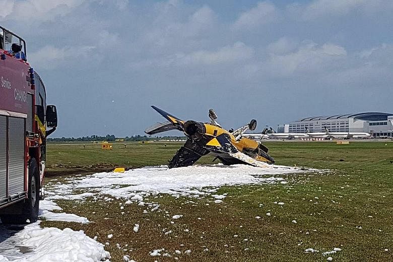 The damaged Black Eagles plane at Changi Airport on Tuesday after it skidded while taking off.