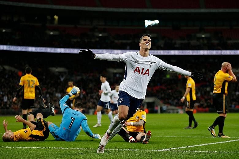 Midfielder Erik Lamela, whose hip injury kept him out for over a year, wheeling away after scoring Spurs' second goal against Newport in the FA Cup replay on Wednesday.