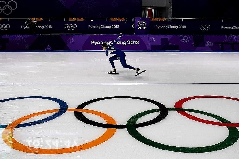 A South Korean short track speed skater practising at the Gangneung Ice Arena where Cheyenne Goh will compete next Saturday.