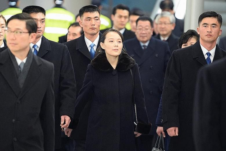 North Korean leader Kim Jong Un's sister, Ms Kim Yo Jong, and her delegation arriving at Incheon Airport yesterday. They were met by government officials, including Unification Minister Cho Myong Gyon. She is the first member of the North's Kim famil
