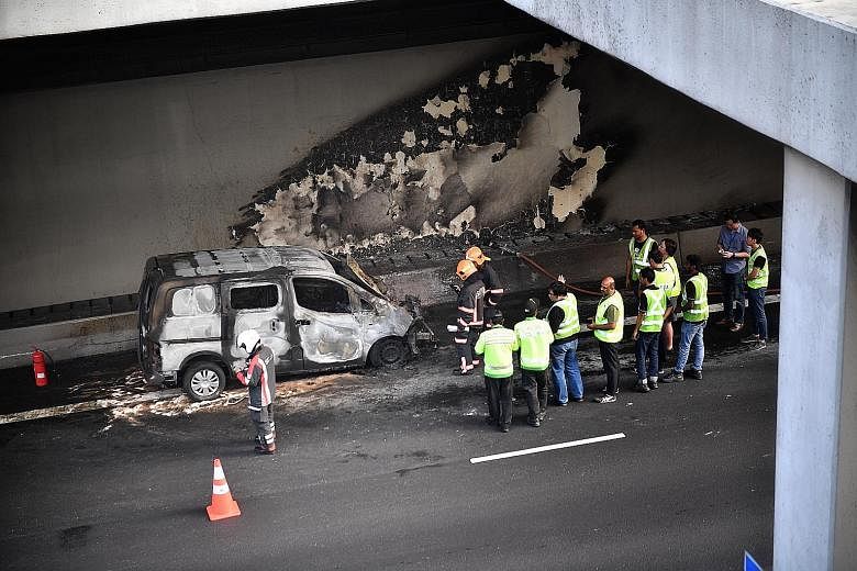 A vehicle caught fire on the Central Expressway (CTE) yesterday evening. The Land Transport Authority (LTA) said in a tweet on its traffic news channel at 5.21pm that there had been an accident in the CTE tunnel towards the Ayer Rajah Expressway, bef