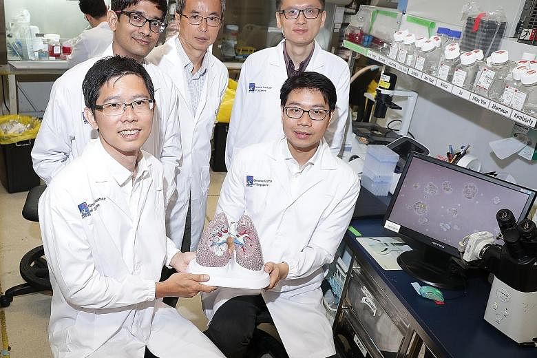 Scientists who worked on the lung cancer study: (front row, from left) Dr Tam Wai Leong, 39, and Dr Daniel Tan, 40, and (back row, from left) Dr Rahul Nahar, 34, Dr Tan Eng Huat, 55, and Dr Zhai Weiwei, 38.