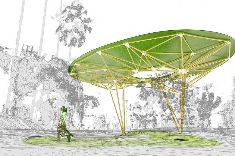 A rendering of Sombra Verde, a pavilion that will provide shade at Duxton Plain Park at the Urban Design Festival in Tanjong Pagar. Play Book, a "pretend play" environment inspired by the pop-up book and designed for children aged three and above, wa