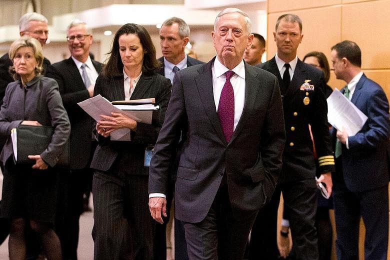 US Secretary of Defence James Mattis arriving for a meeting at the Nato headquarters in Brussels yesterday.