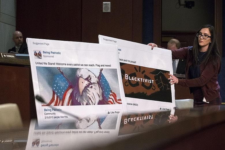 Above: Graphics of Facebook pages created by the Russian troll factory being shown during the House Intelligence Committee hearing on Russia's role in the 2016 US elections. Left: Russian oligarch Yevgeny Prigozhin (at far left) helping President Vla