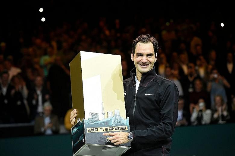 Twenty-time Grand Slam singles winner Roger Federer celebrating his top ranking after beating Dutch player Robin Haase in their quarter-final in Rotterdam on Friday. American Serena Williams was previously the oldest tennis No. 1 at 35.