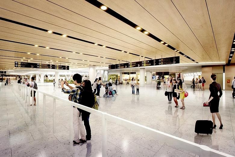 An artist's impression of the new "meeters and greeters hall" at Changi Airport Terminal 1 that will open progressively from April. It will lead to a 35 per cent expansion in the floor area of T1's arrival hall.