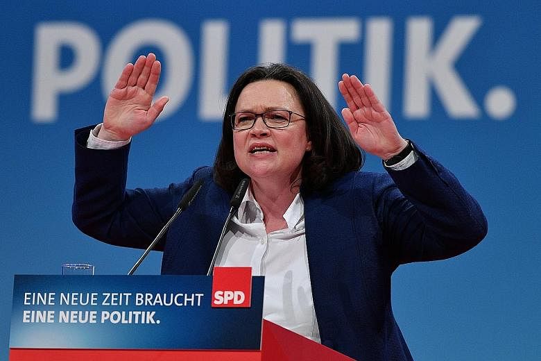 Ms Andrea Nahles speaking at the federal party convention of the SPD in Bonn last month. She is said to have invigorated her demoralised party with a lectern-thumping speech.