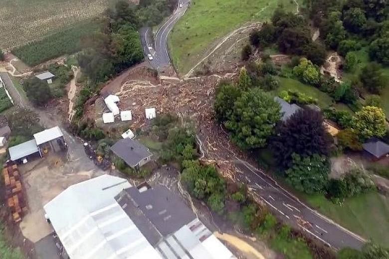 Takaka Hill on the South Island of New Zealand, after the onslaught of the storm Gita. The still image, taken from drone footage on Tuesday, was obtained from social media.