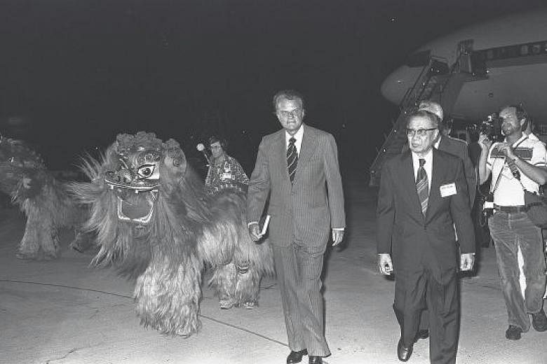 Dr Billy Graham was greeted by lion dancers when he arrived in Singapore in 1978 to preach over five nights at the old 55,000-seat National Stadium in Kallang. The National Council of Churches of Singapore said 337,000 people, including Singaporeans 