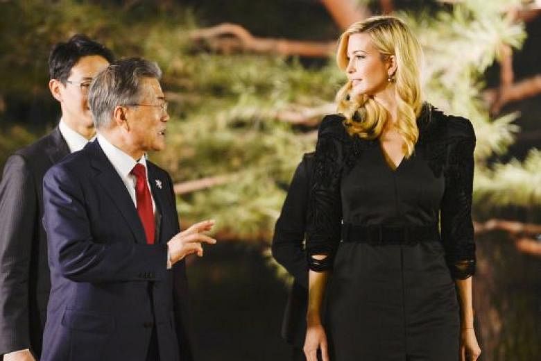 South Korean President Moon Jae In with Ms Ivanka Trump at the Blue House yesterday. The US sanctions will be announced while Ms Trump is visiting South Korea.