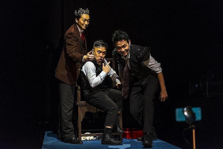 (From far left) Chao Yi-Lan, Oliver Chong and Wang Ching-Chun in Blood & Rose Ensemble by Shakespeare's Wild Sisters Group. Crowd Lu's lively, idiosyncratic banter gave the show an element of fun. Singer-actor Sugie Phua (left) plays a wanderer with 