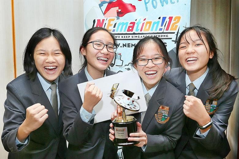 The team from Cedar Girls' Secondary School - comprising (from far left) Chai Gien Lyn, 16; Kaila Boh Tsui Ning, 15; Kayla Yong Enxin, 15; and Tanya Lua Tze Teng, 15 - won in the student category at the 12th edition of N.E.mation.