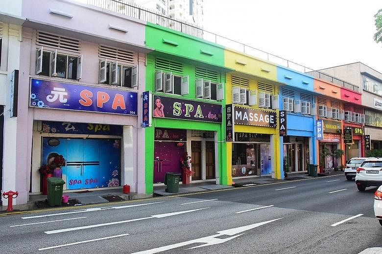 A row of spas and massage parlours in Lavender Street. The tighter restrictions are the latest provisions under the new Massage Establishments Act, which was passed in November last year to crack down on vice activities, and goes into force today.