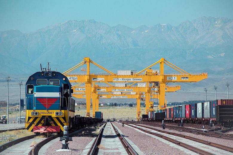 Kazakhstan's Khorgos East Gate, a dry container port next to the border with China, where Chinese trains will unload containers for transhipment to Central Asia and Europe.