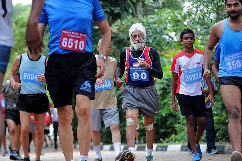 Ajit Singh, wearing a bib with his impending age 90 on it, clocked 29 minutes for the 3,000m race walking event at the Singapore Masters Athletics X-Country Run/Walk meet yesterday. He represented Singapore in hockey at the 1956 Melbourne Olympic Gam