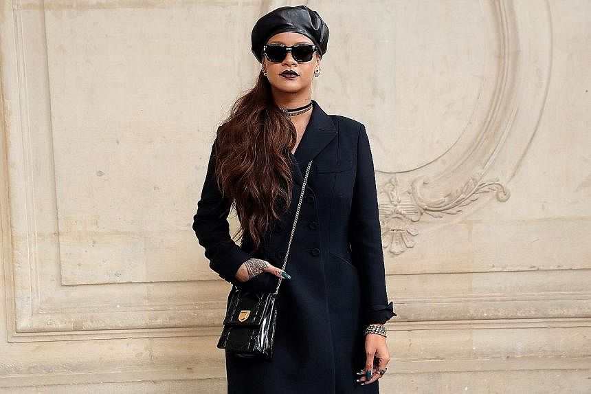 Berets were seen on the Dior fashion show (far left) and on singer Rihanna (left), both in Paris in March last year.