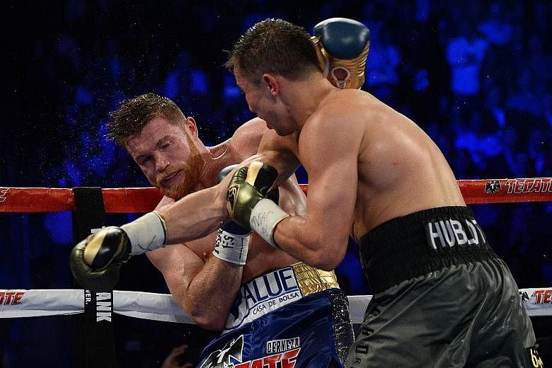 Saul "Canelo" Alvarez (blue trunks) taking a punch from Gennady Golovkin during their drawn world middleweight championship fight in September. The rematch could still go ahead in May, despite Alvarez failing a drug test.
