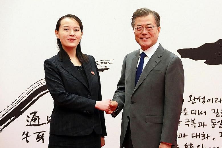 Ms Kim Yo Jong was present at a meeting on Monday with Seoul's special envoys, and at the welcome dinner later.