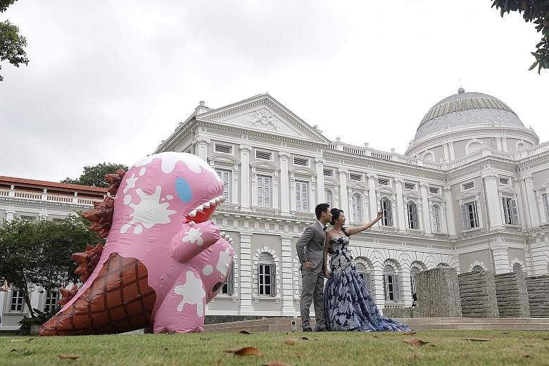 An inflatable pink dinosaur mascot called Dino will be popping up at national monuments as part of a National Heritage Board (NHB) effort to raise awareness of them. Last weekend, Dino was at the National Museum (above). The Dino Loves Monuments camp
