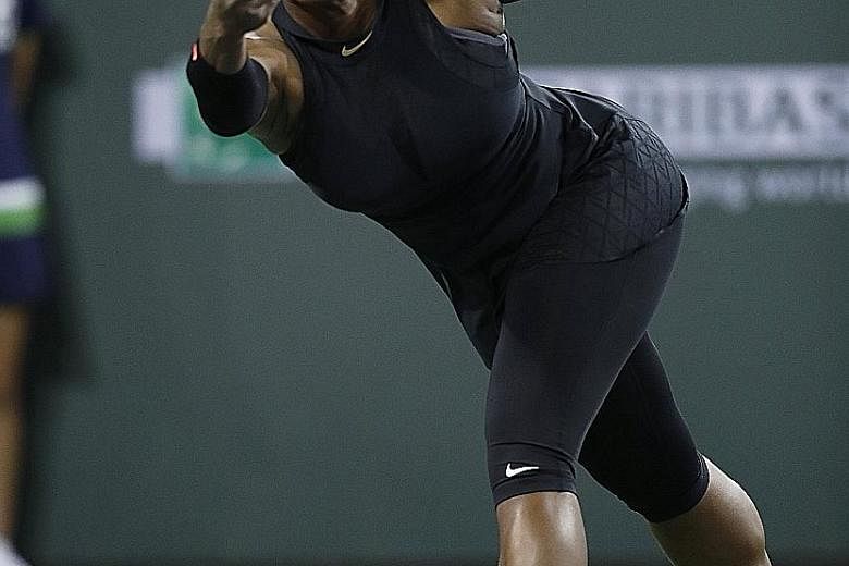 Serena Williams on the way to beating Kazakhstan's Zarina Diyas 7-5, 6-3 at the BNP Paribas Open at Indian Wells, California, on Thursday. It is the first time the former world No. 1 has been unseeded at a tournament since 2011.