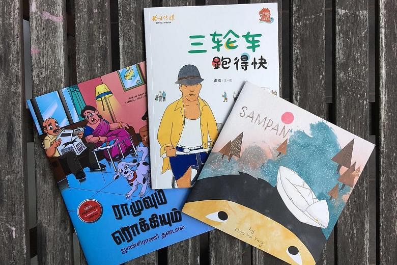 (From far left) Ramu And Rocky by Jensrani Thangavel; Go, Trishaw, Go by Francis Wong; and Sampan by Chua Hui Ying are on the list of Singlit book gifts to schools in Singapore.