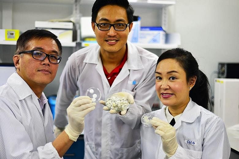(From left) NTU's Associate Professor Andrew Tan, research fellow Wang Jun Kit and Assistant Professor Cleo Choong are part of a team that has found a way to modify collagen from fish scales to make it water soluble and potentially hold drugs to furt