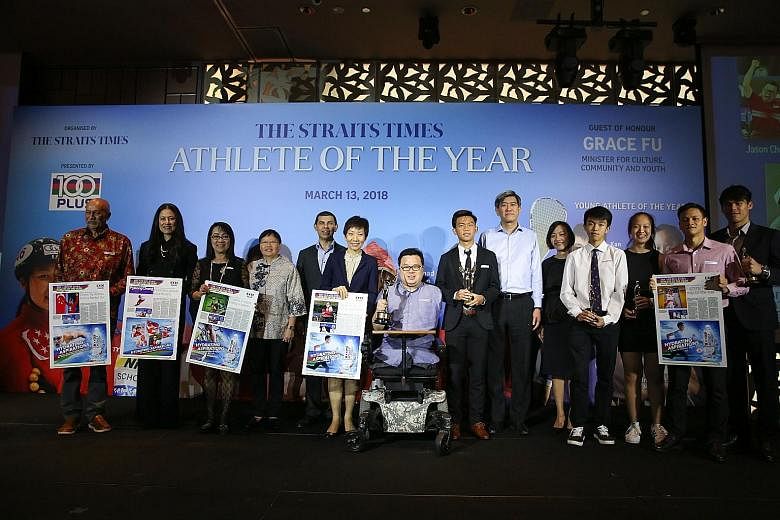 From left: Swimmer Joseph Schooling's uncle Jacs Schooling; Singapore Ice-Skating Association president Sonja Chong; bowler Shayna Ng's mother Mary Ng; ST sports editor Lee Yulin; SPH's editor-in-chief of the English/Malay/Tamil Media Group and Strai