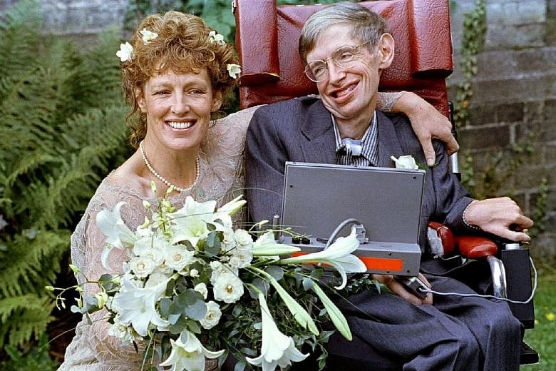 Left: Dr Stephen Hawking with (from left) actress Felicity Jones, his former wife Jane Wilde Hawking, and actor Eddie Redmayne at the UK premiere of The Theory Of Everything in 2014. Top: Dr Hawking and his new bride Elaine Mason in 1995. Above: Then