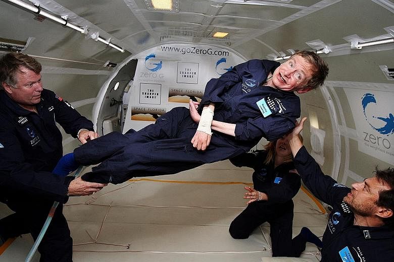 A 2007 photo showing British cosmologist Stephen Hawking experiencing zero gravity during a flight over the Atlantic Ocean. "It was amazing... I could have gone on and on," the renowned physicist said after riding for two hours on a modified jet that