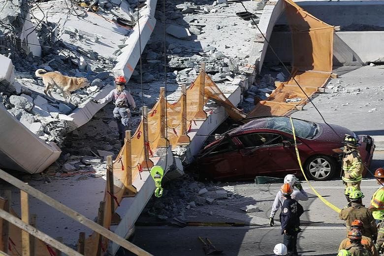 Right: At least eight cars were trapped when the 950-tonne concrete bridge suddenly gave way. Far right: Rescue workers searching the rubble and trying to detect signs of life with listening devices, fibre optics and dogs.