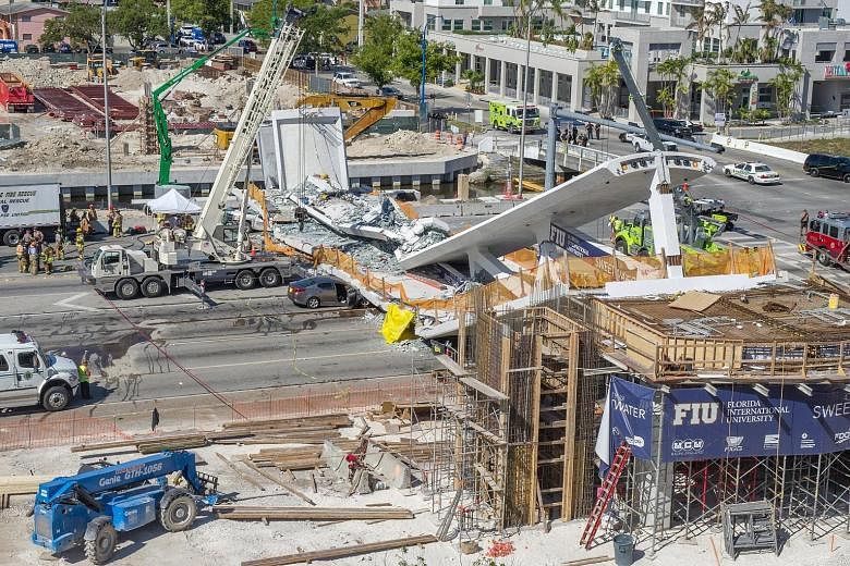 Right: At least eight cars were trapped when the 950-tonne concrete bridge suddenly gave way. Far right: Rescue workers searching the rubble and trying to detect signs of life with listening devices, fibre optics and dogs.