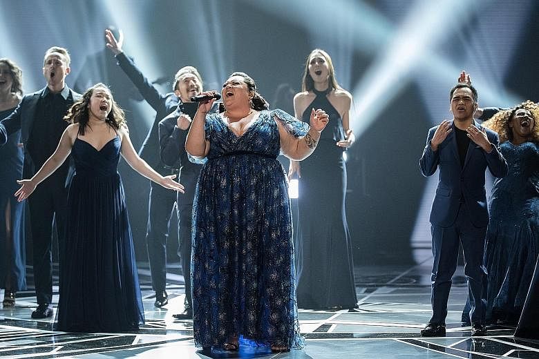 Keala Settle performing This Is Me during the 90th annual Academy Awards ceremony at the Dolby Theatre in Hollywood on March 4.