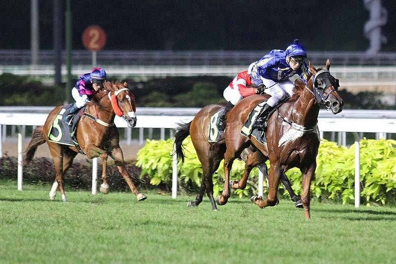The Lee Freedman-trained Eastiger making all the running in Race 2 at Kranji last night.
