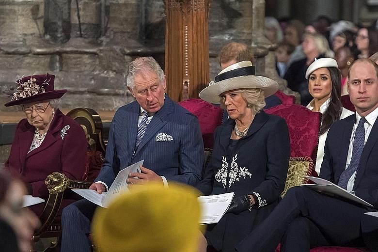 Britain's Prince Charles at Westminster Abbey last Monday with other members of the royal family including (from left) his mother, Queen Elizabeth II; his wife Camilla, the Duchess of Cornwall; and his son, Prince William. The new biography by Mr Tom