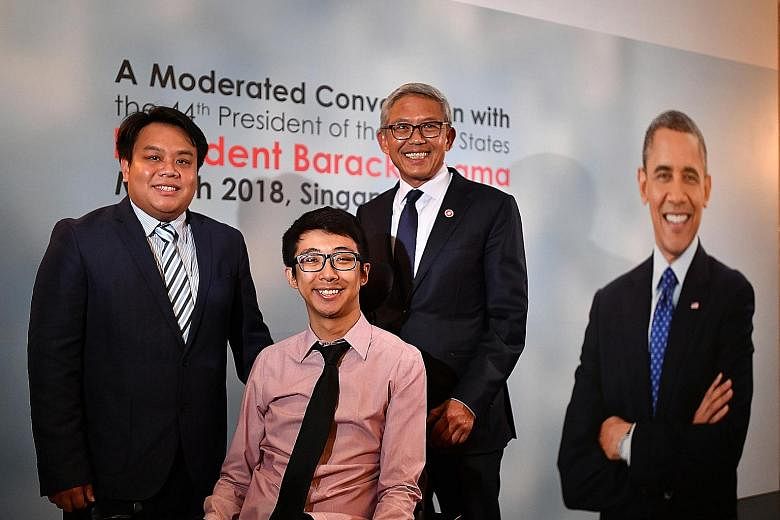 Above: (From left) Mr Delane Lim, executive director of the Character and Leadership Academy, and Mr Wong Zi Heng, a trainee teacher, with Bank of Singapore chief executive Bahren Shaari. Mr Bahren invited the pair to hear former US president Barack 