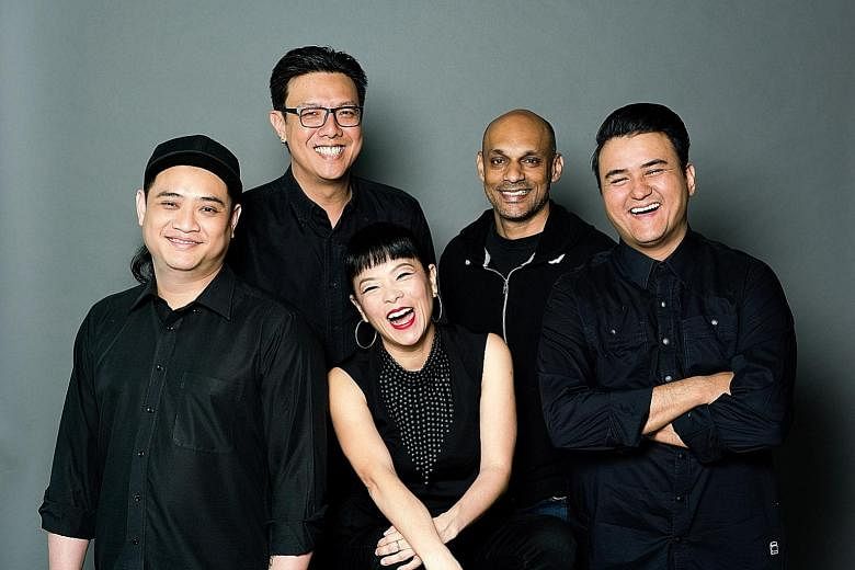 Funk-rock band Ugly In The Morning comprise (from far left) Clement Yang, Noel Ong, Pam Oei, David Baptista and Joseph Saleem. Above: A photo taken for their third album is reminiscent of a 1970s family planning campaign poster.